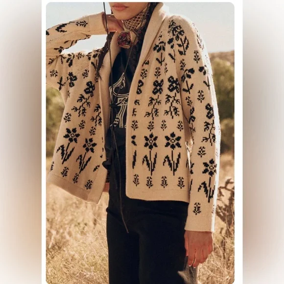 THE GREAT. The Garden Lodge Cotton Cream and Black Floral Cardigan - Picture 5 of 10